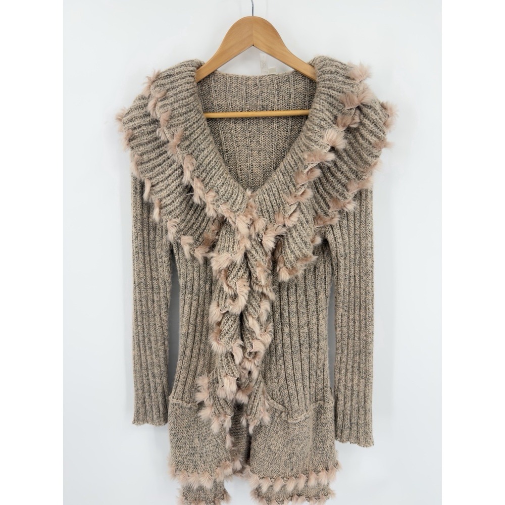 Lapis Anthropologie Blush Sz L Ruffle Knit Fur Cardigan Sweater Fairycore Boho